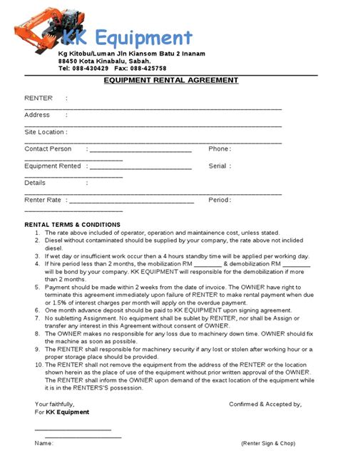 mini excavator rental agreement|template for equipment rental agreement.